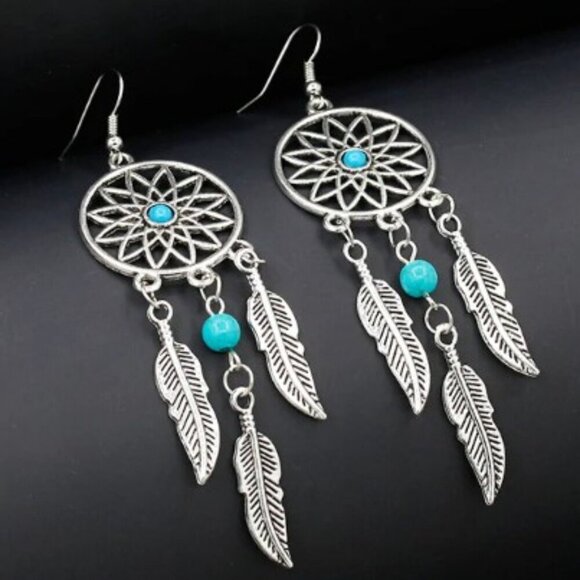 Feather Dream Catcher Silvertone Alloy Earrings with Turquoise Beads & Feathers - Picture 1 of 9